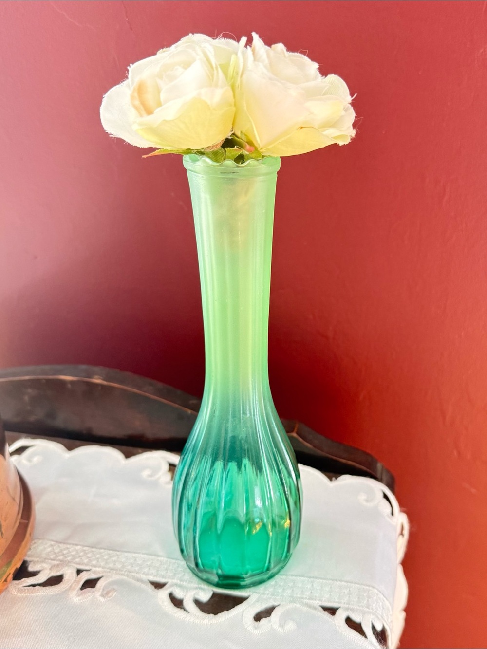 Vintage Green Long Neck Bulb Bud Vase Set Clear to Frosted Matte MCM